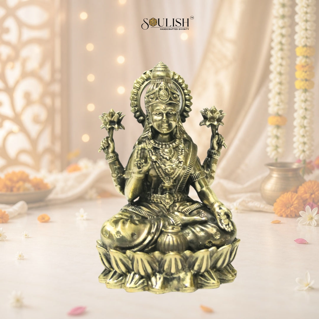 Lakshmi Sitting on Lotus Brass Goddess Idol