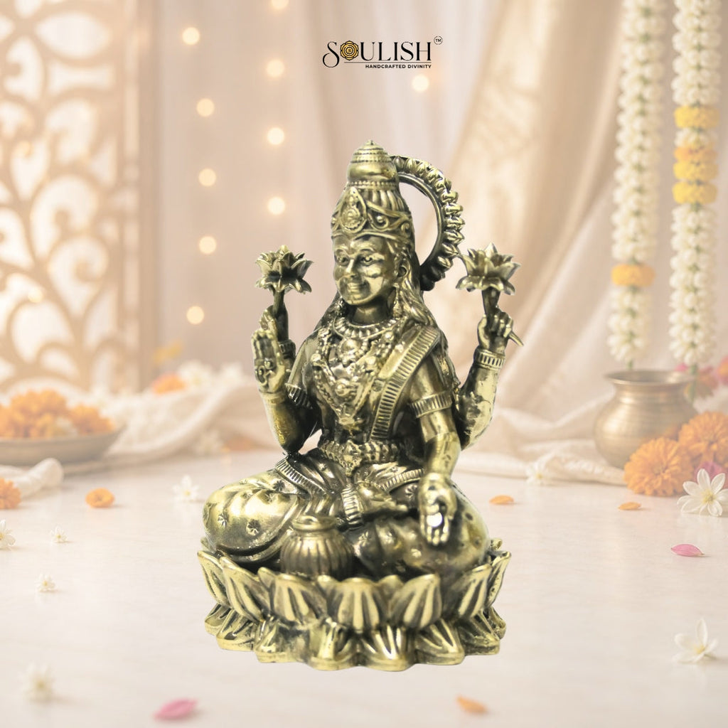 Lakshmi Sitting on Lotus Brass Goddess Idol