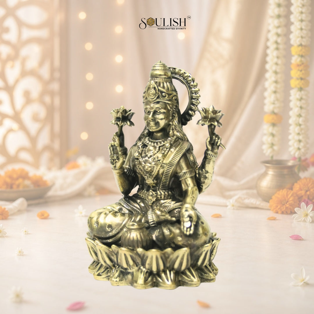 Lakshmi Sitting on Lotus Brass Goddess Idol