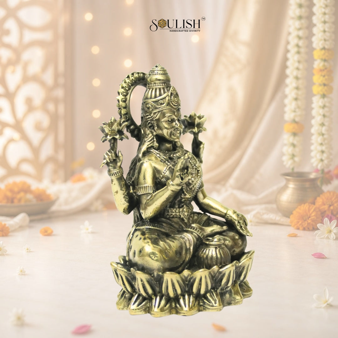 Lakshmi Sitting on Lotus Brass Goddess Idol