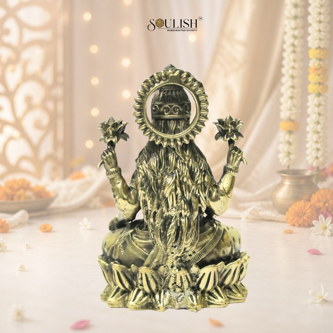 Lakshmi Sitting on Lotus Brass Goddess Idol