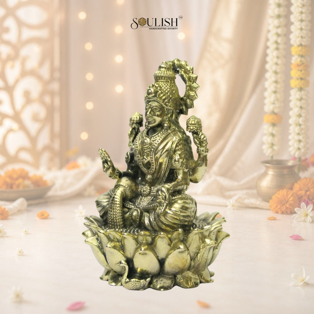 Lakshmi on lotus with swan brass idol