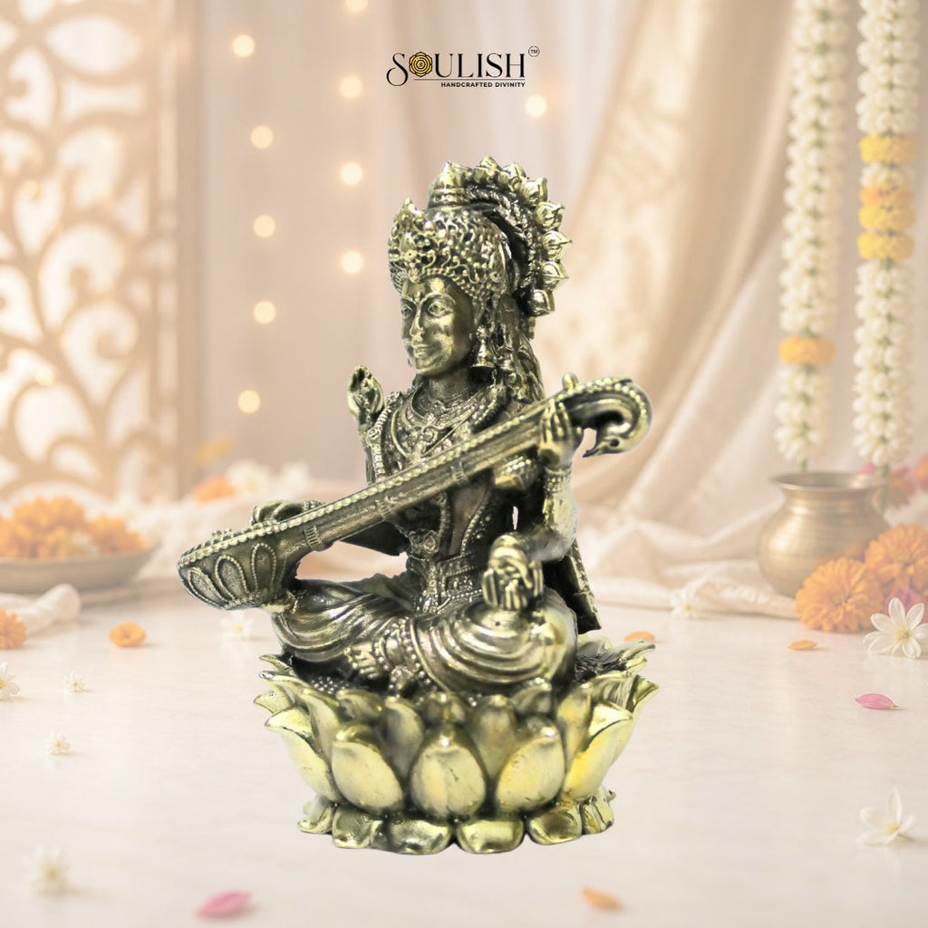 Saraswati on Lotus Brass Idol