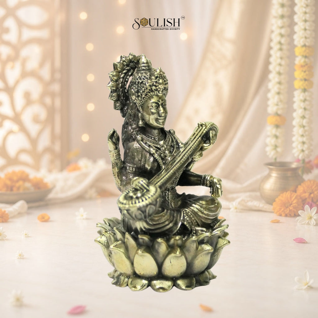 Saraswati on Lotus Brass Idol