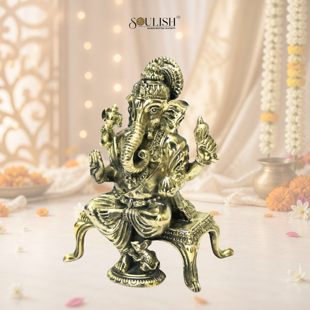 Ganesha Sitting on Sinhasan Brass Idol