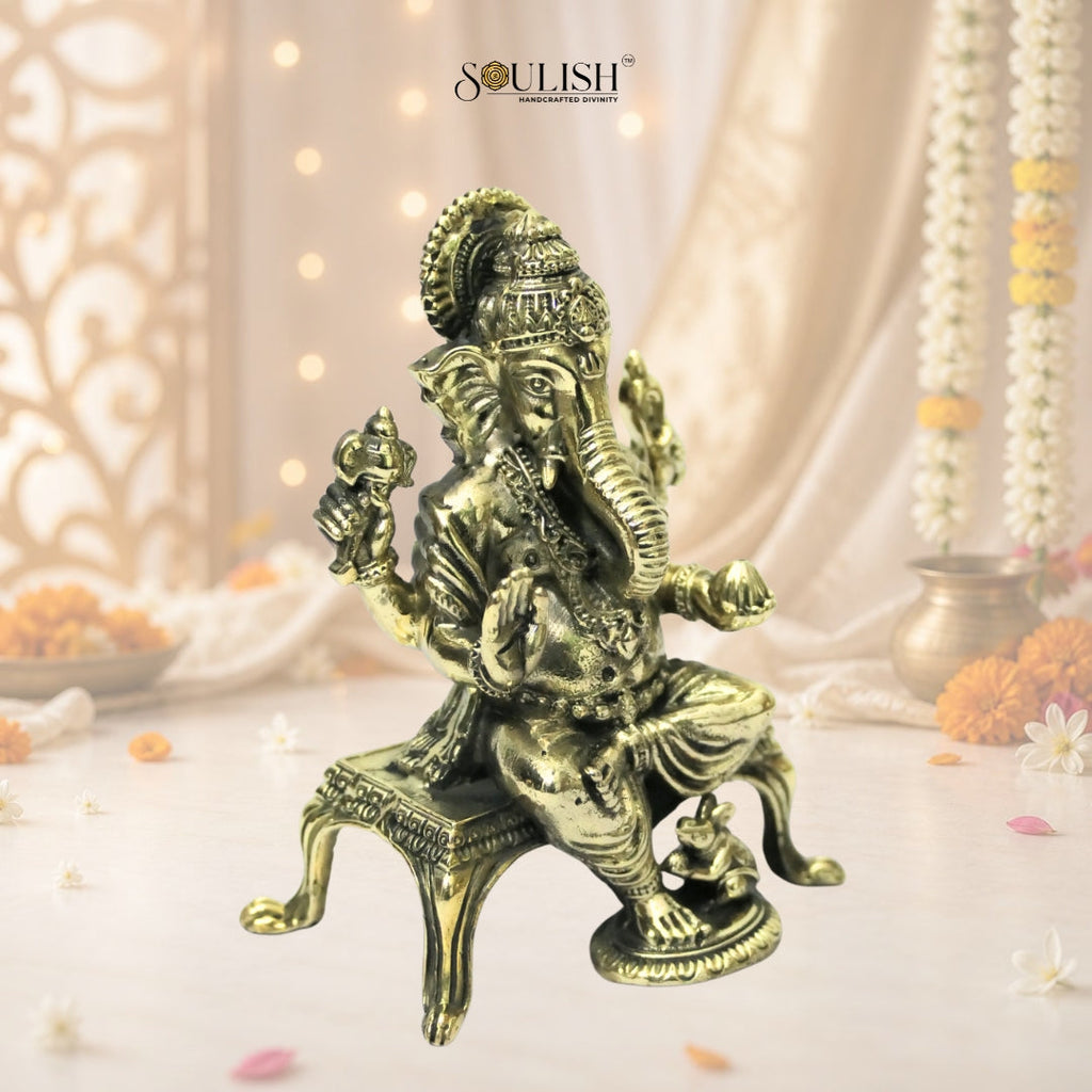 Ganesha Sitting on Sinhasan Brass Idol