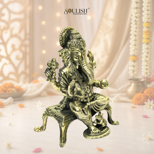 Ganesha Sitting on Sinhasan Brass Idol