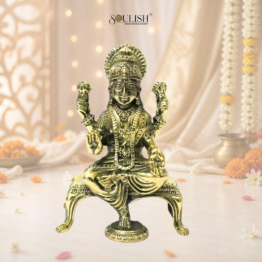 Lakshmi Sitting on Sinhasan Brass Idol