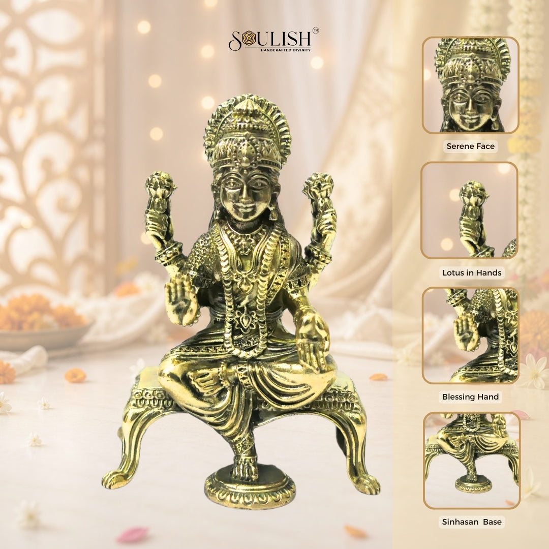 Lakshmi Sitting on Sinhasan Brass Idol