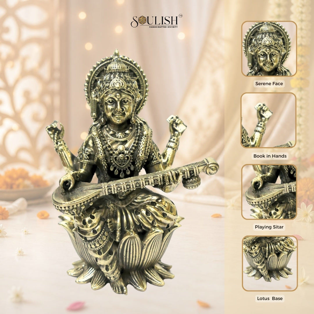 Saraswati on Lotus Playing Sitar Brass Idol