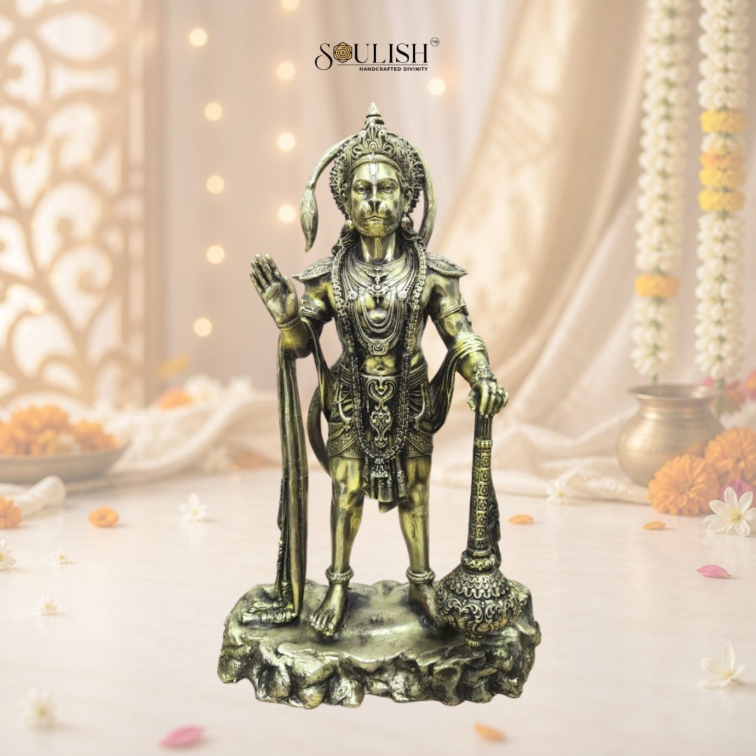 Lord Hanuman Standing on Stone Brass Idol | Handcrafted Brass Murti for Home Temple, Pooja & Spiritual Decor