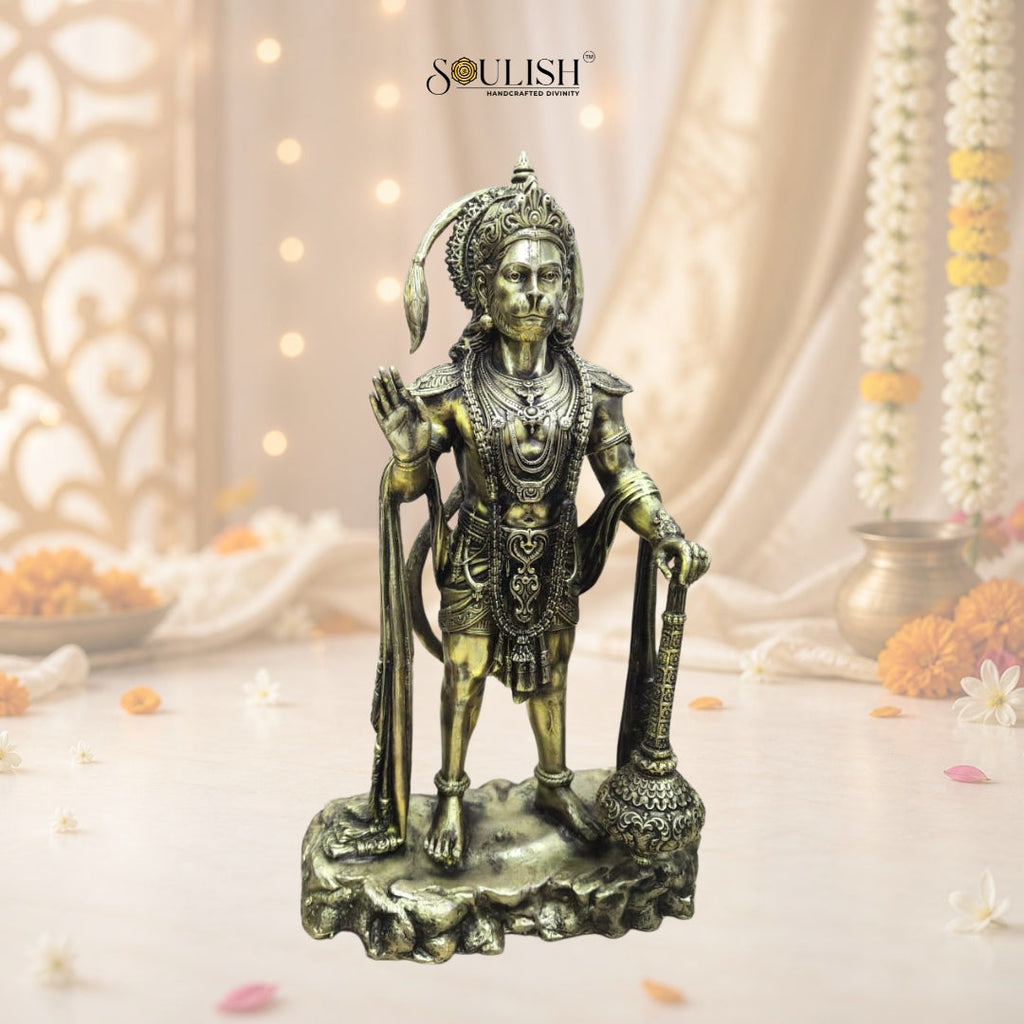 Lord Hanuman Standing on Stone Brass Idol | Handcrafted Brass Murti for Home Temple, Pooja & Spiritual Decor