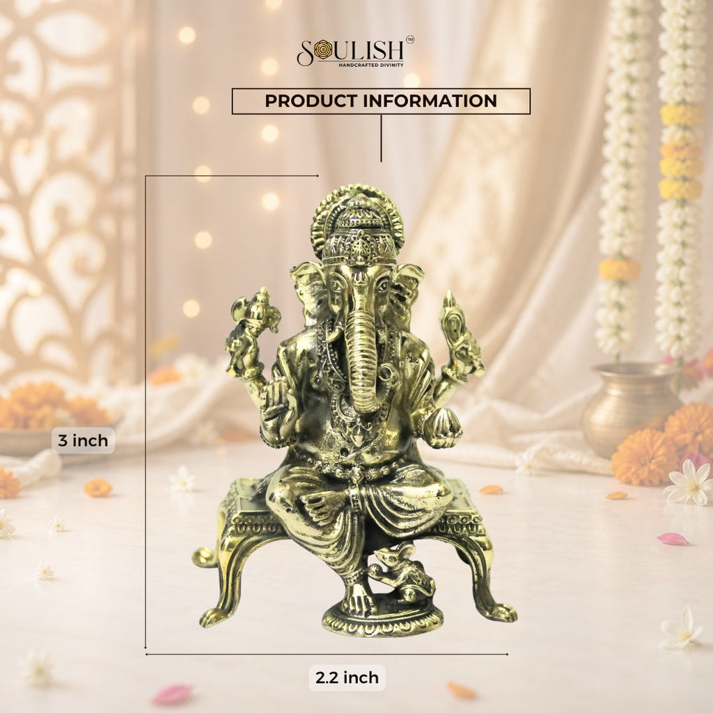 Ganesha Sitting on Sinhasan Brass Idol