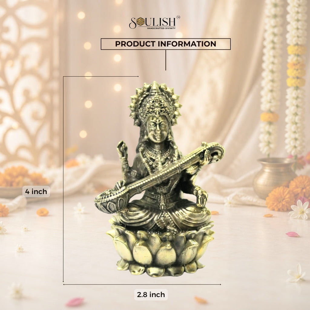 Saraswati on Lotus Brass Idol