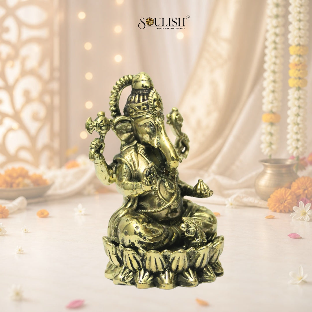 Lord Ganesha on Lotus Brass Idol – Auspicious Spiritual Home Décor