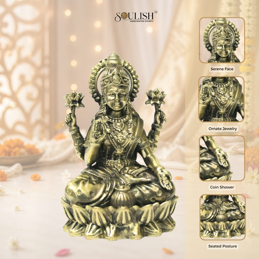 Lakshmi Sitting on Lotus Brass Goddess Idol