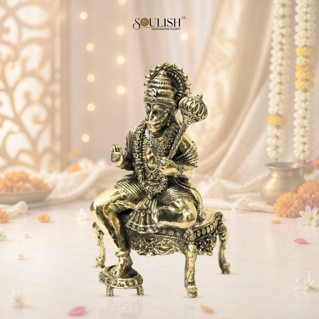 Lord Hanuman Seated on Diwan Brass Idol – Strength & Devotion Home Décor