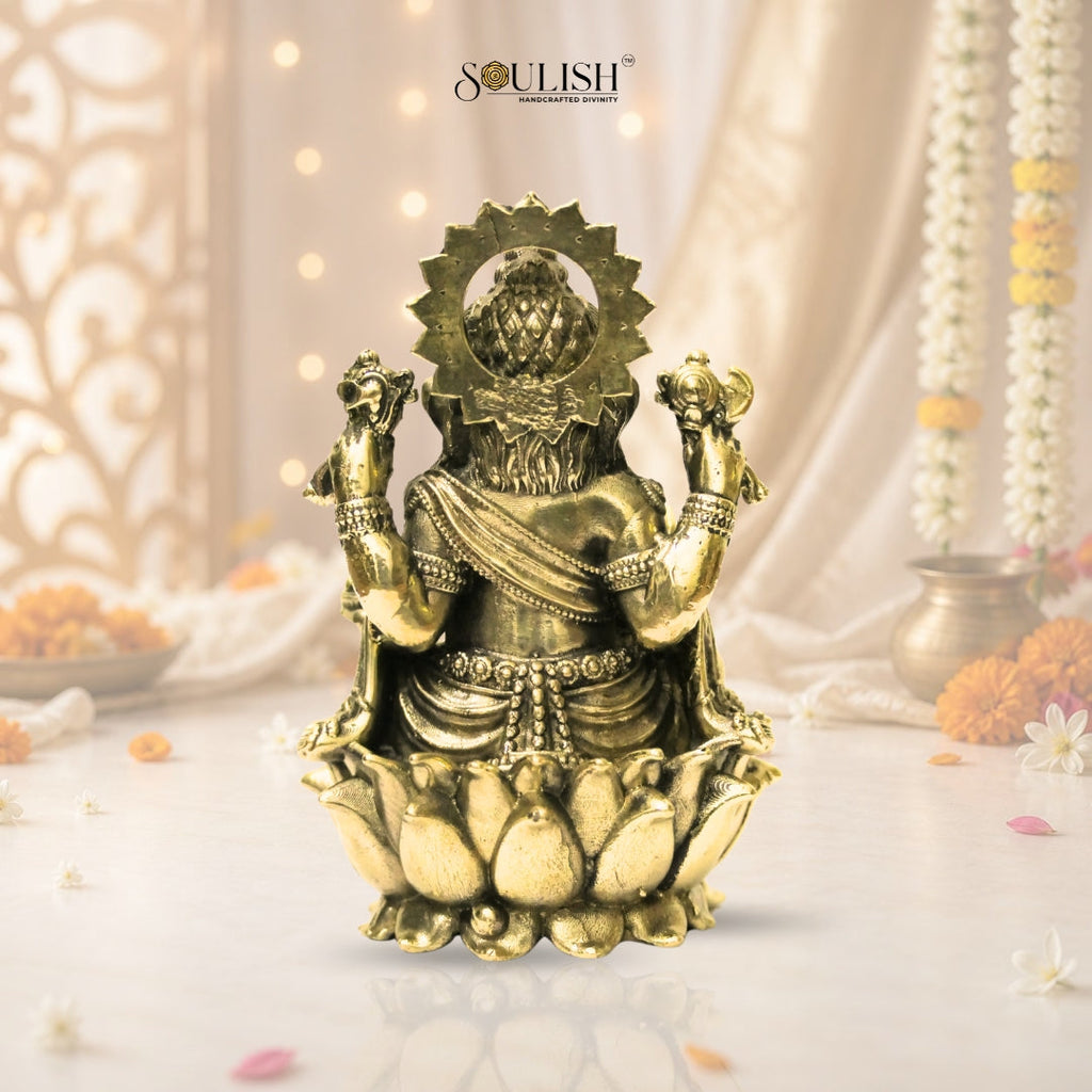 Lord Ganesha on Lotus Brass Idol – Auspicious Spiritual Home Décor